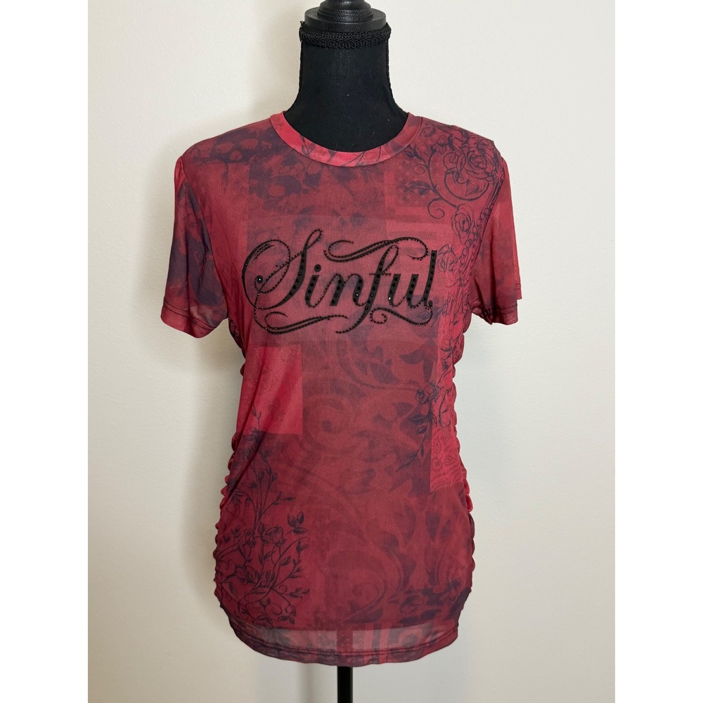 Sinful by Affliction Red Izzy Sheer Mesh Ruched Rhinestone Top Gothic Floral L